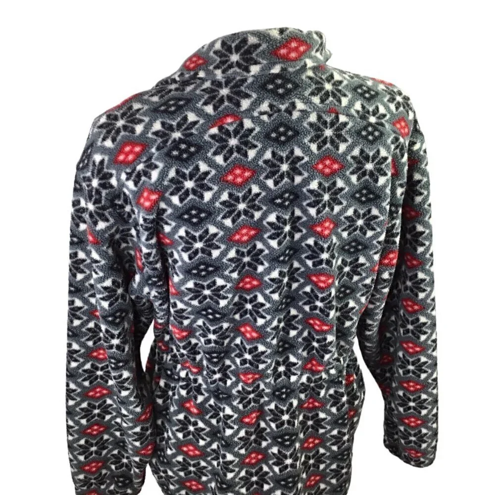 L.L. Bean Fleece Jacket Coat Full Zip Snowflake Adj Waist Pockets Black Red